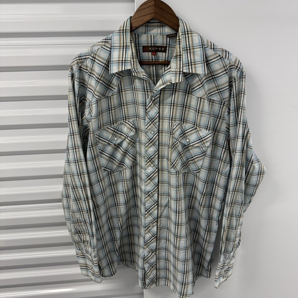 Roper Western Pearl Snap Plaid Shirt Mens‎ Large Blue Cowboy Ranch